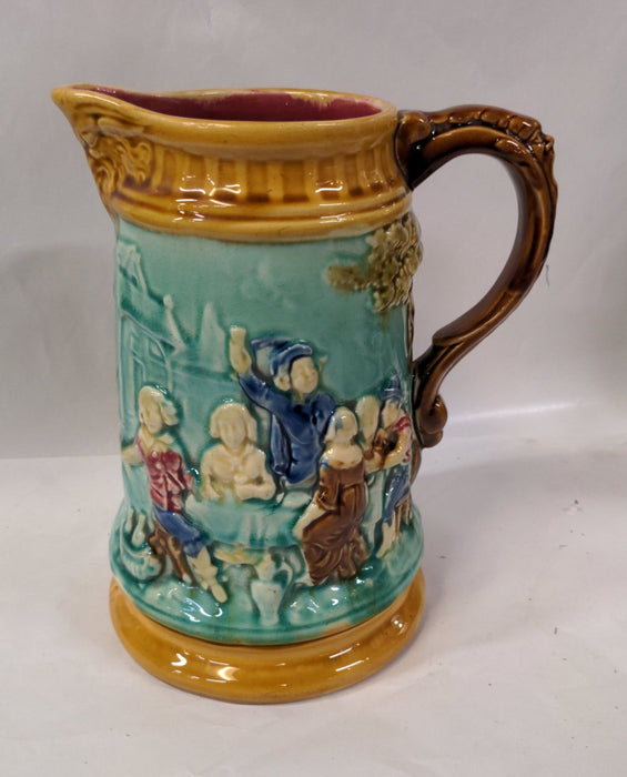 LARGE GREEN & GOLD MAJOLICA PITCHER, BANQUET MOTIF