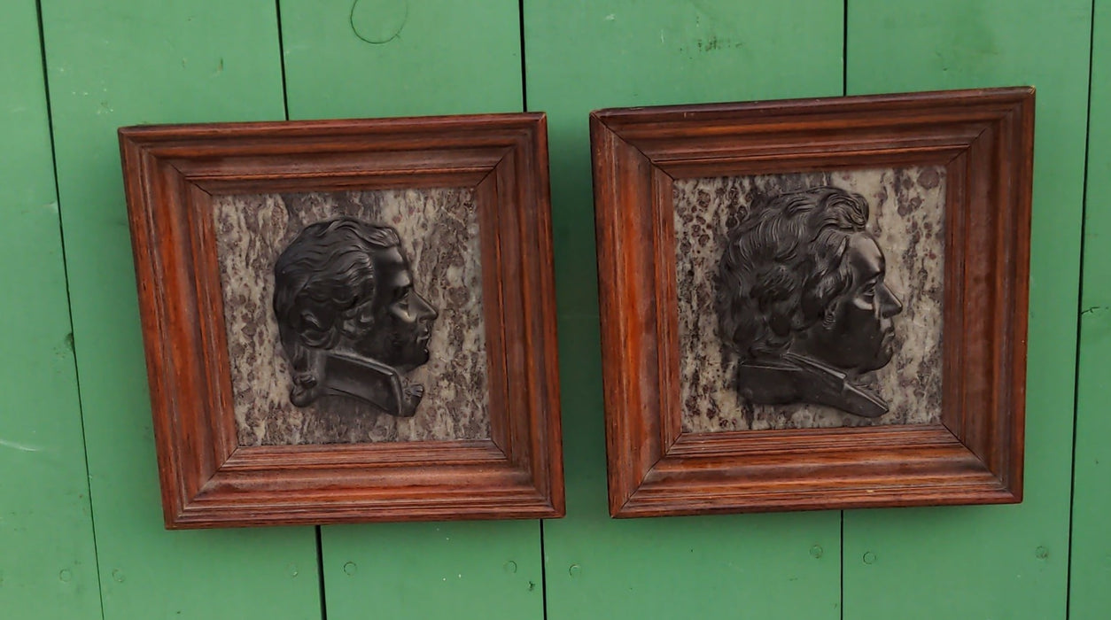 PAIR OF MOZART & BEETHOVEN FRAMED MARBLE PLAQUES