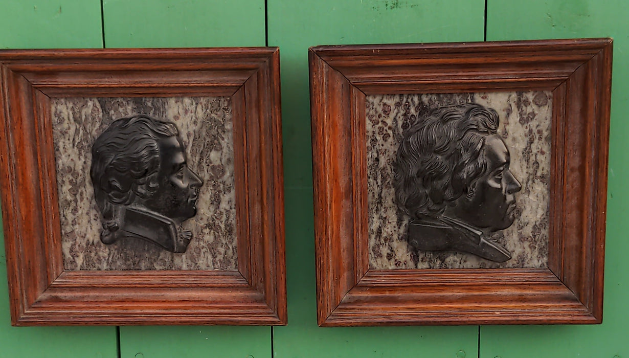 PAIR OF MOZART & BEETHOVEN FRAMED MARBLE PLAQUES