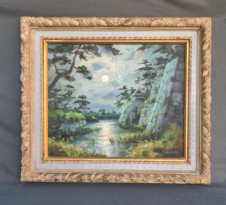 OIL PAINTING OF MOONLIGHT ON A MOUNTAIN