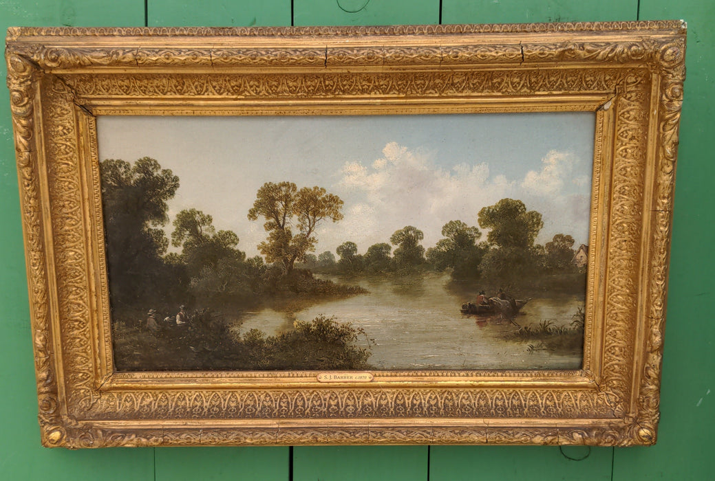 EARLY FRAMED OIL PAINTING "ON THE THAMES" SIGNED S. J. BARBER