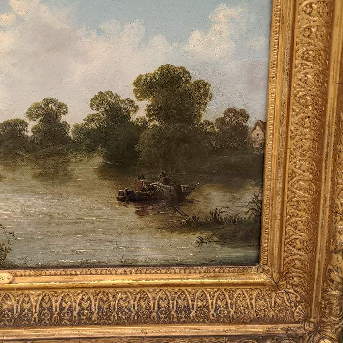 EARLY FRAMED OIL PAINTING "ON THE THAMES" SIGNED S. J. BARBER