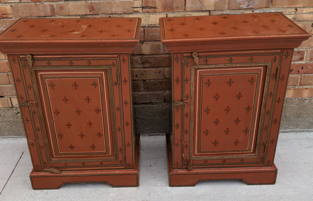 PAIR OF VINTAGE FRENCH FLEUR DE LIS PAINTED SIDE CABINETS FROM INDIA