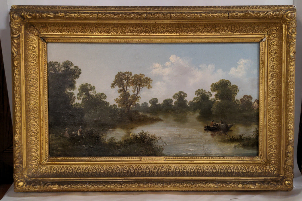 EARLY FRAMED OIL PAINTING "ON THE THAMES" SIGNED S. J. BARBER