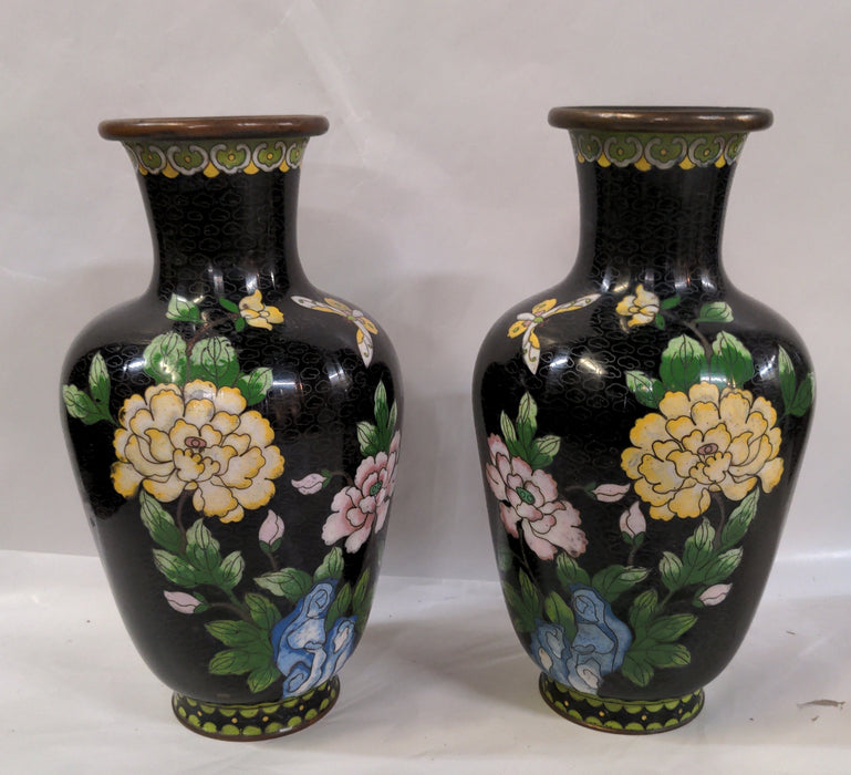 PAIR OF LARGE BLACK CLOISONNE VASES