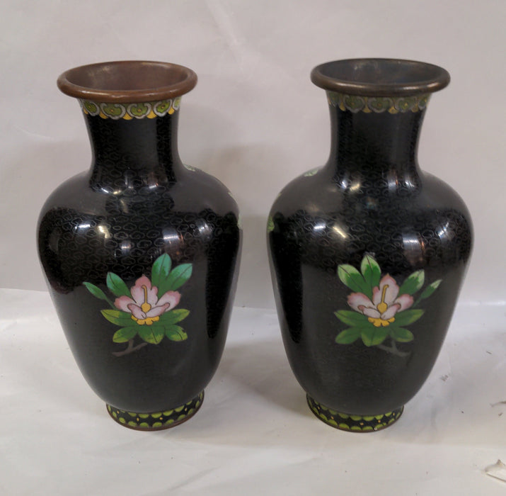 PAIR OF LARGE BLACK CLOISONNE VASES