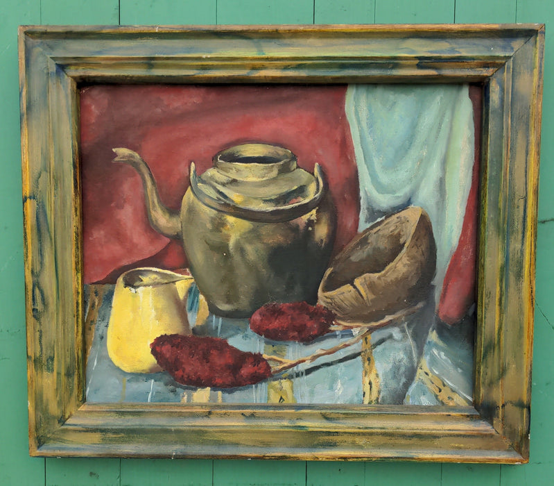 STILL LIFE OIL PAINTING OF A KETTLE IN GREEN FRAME