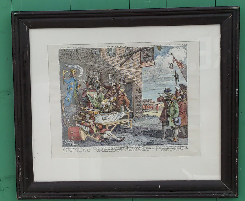 HAND COLORED ENGLISH ENGRAVING-SOLDIERS AT THE DUKE OF CUMBERLAND TAVERN