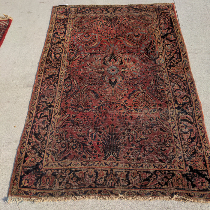 ANTIQUE HANDMADE RUG, REDS & BLUES WITH WEAR AS IS
