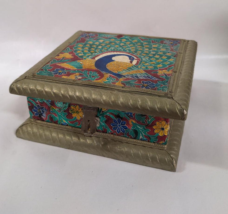 SMALL EMBOSSED PEACOCK BOX WOOD AND