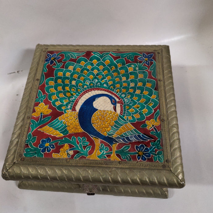 SMALL EMBOSSED PEACOCK BOX WOOD AND