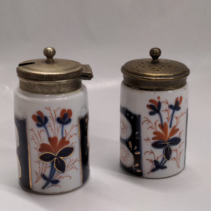 PAIR OF ENGLISH IMARI STYLE SALT SHAKER AND MUSTARD JAR