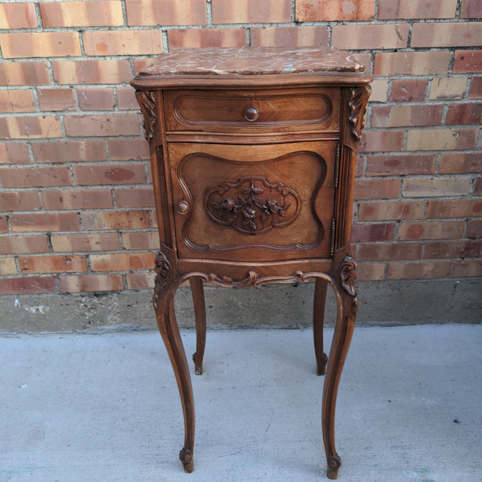 AS FOUND LOUIS XV MARBLE TOP WALNUT SIDE CABINET, MARBLE INTERIOR, SHAPED FRONT & SIDES