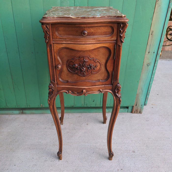 AS FOUND LOUIS XV MARBLE TOP WALNUT SIDE CABINET, MARBLE INTERIOR, SHAPED FRONT & SIDES