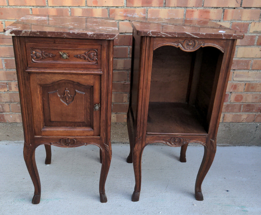 PAIR OF LOUIS XV MARBLE TOP OAK SIDE CABINETS, WITH HOOF FEET