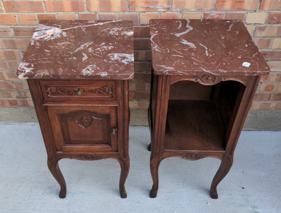 PAIR OF LOUIS XV MARBLE TOP OAK SIDE CABINETS, WITH HOOF FEET