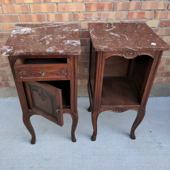 PAIR OF LOUIS XV MARBLE TOP OAK SIDE CABINETS, WITH HOOF FEET