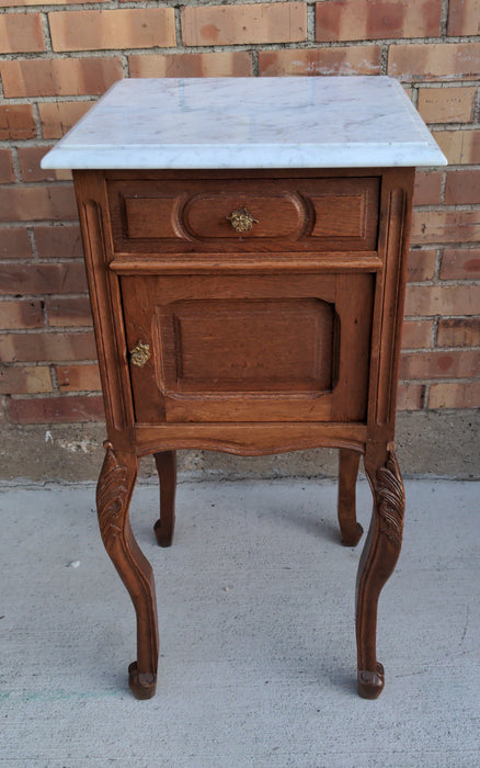 LOUIS XV MARBLE TOP OAK SIDE CABINET WITH WHITE MARBLE