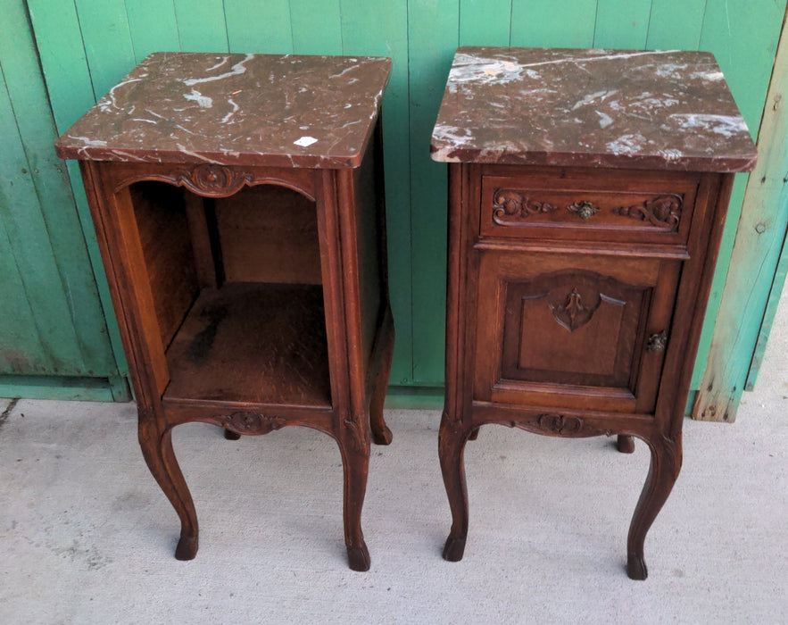 PAIR OF LOUIS XV MARBLE TOP OAK SIDE CABINETS, WITH HOOF FEET