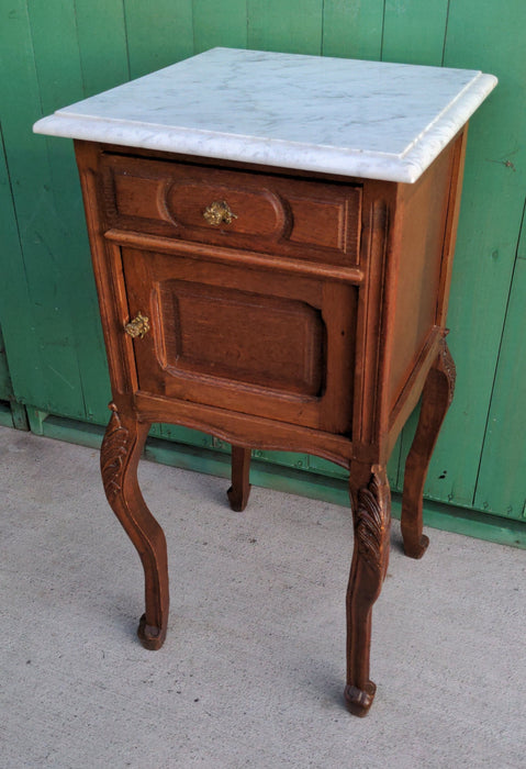 LOUIS XV MARBLE TOP OAK SIDE CABINET WITH WHITE MARBLE