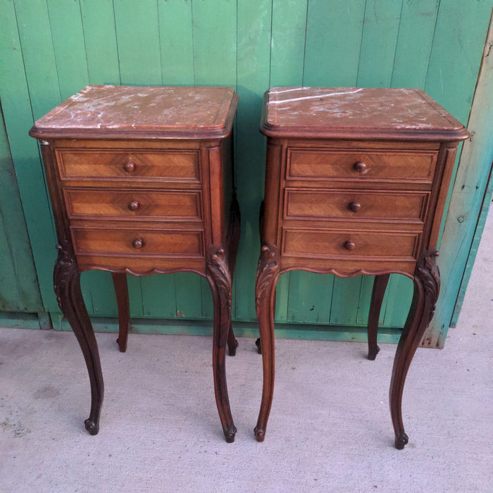 PAIR OF LOUIS XV ROSEWOOD SIDE CABINETS WITH AS FOUND MARBLE