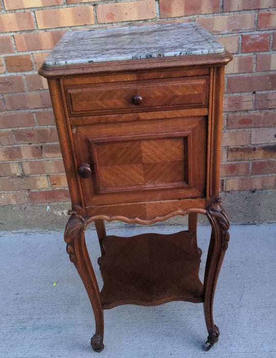 LOUIS XV WALNUT SIDE CABINET, MARBLE LINED INTERIOR, ON CASTERS AS FOUND