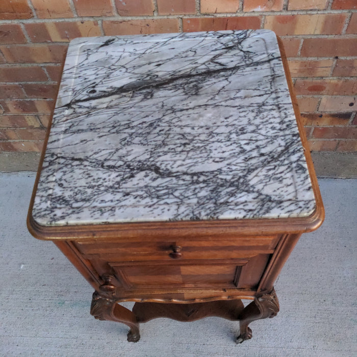 LOUIS XV WALNUT SIDE CABINET, MARBLE LINED INTERIOR, ON CASTERS AS FOUND