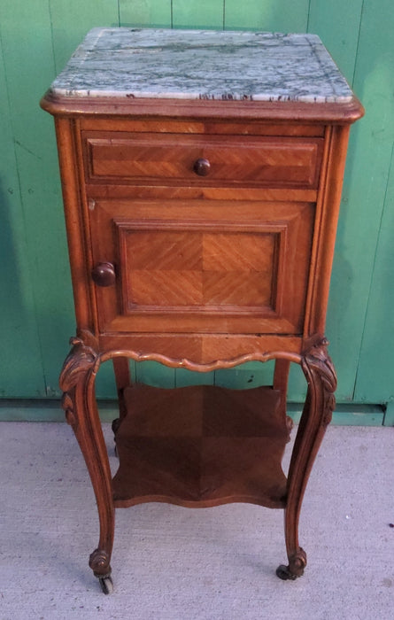 LOUIS XV WALNUT SIDE CABINET, MARBLE LINED INTERIOR, ON CASTERS AS FOUND