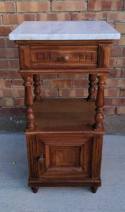 MARBLE TOP OAK TURNED POSTS SIDE CABINET