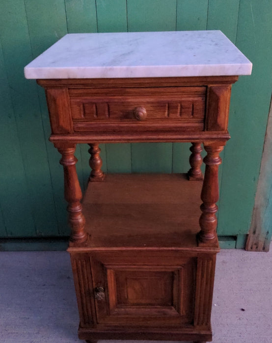 MARBLE TOP OAK TURNED POSTS SIDE CABINET