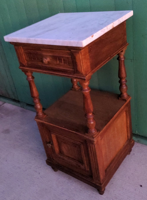 MARBLE TOP OAK TURNED POSTS SIDE CABINET