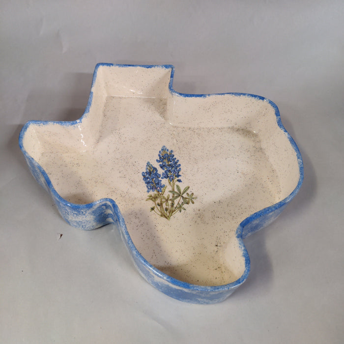 GLAZED CERAMIC CONTAINER, TEXAS SHAPE, BLUE & WHITE