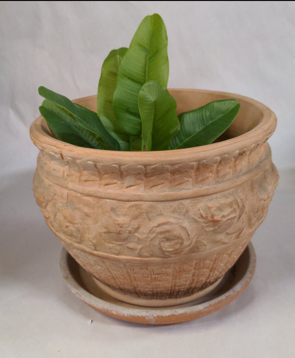ROUND TERRACOTTA PLANTER WITH ROSES AND  UNDER PLATE