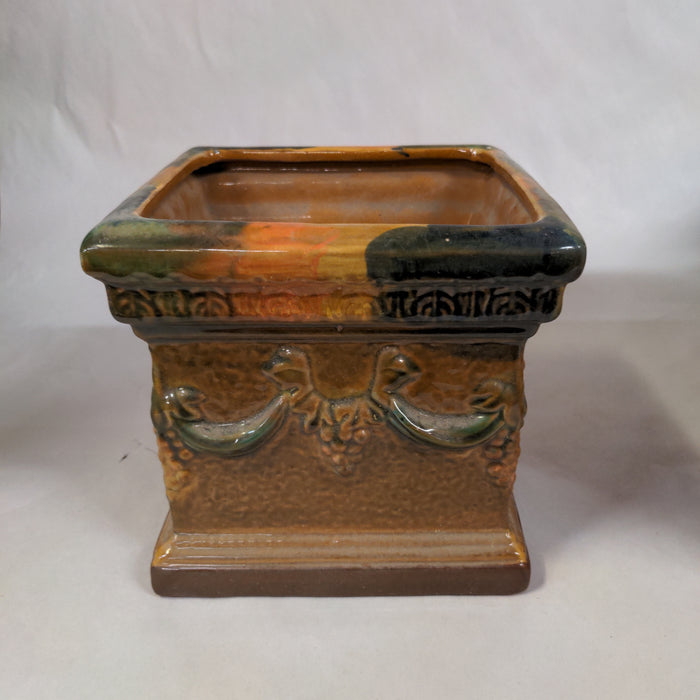 SMALL GLAZED SQUARE PLANTER WITH FACES