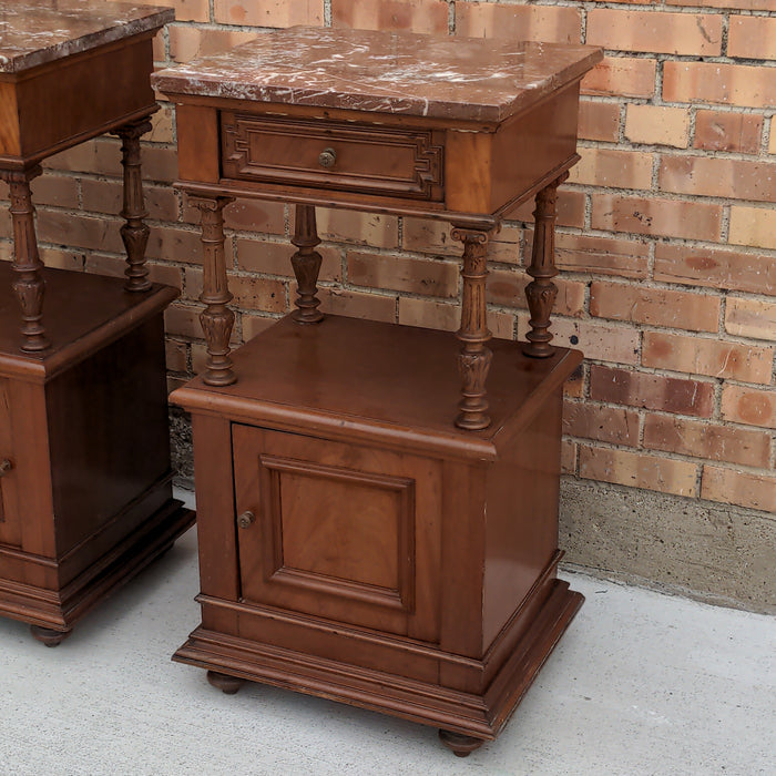 PAIR OF HENRI II MARBLE TOP MAHOGANY SIDE CABINETS