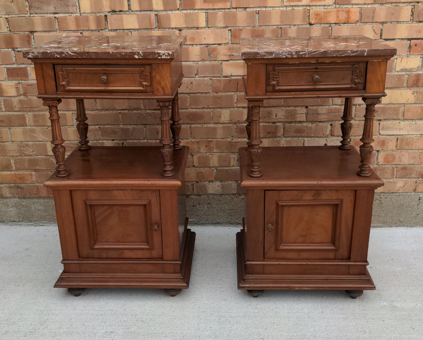 PAIR OF HENRI II MARBLE TOP MAHOGANY SIDE CABINETS