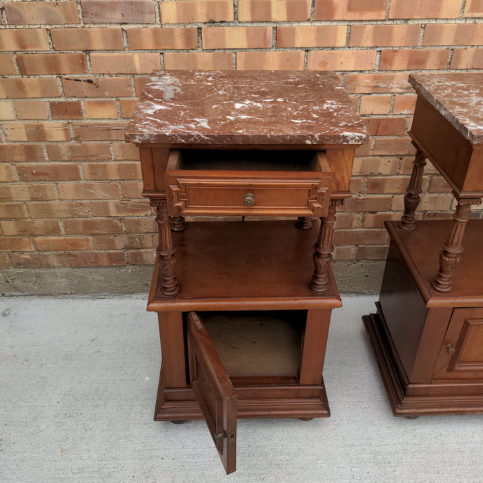 PAIR OF HENRI II MARBLE TOP MAHOGANY SIDE CABINETS