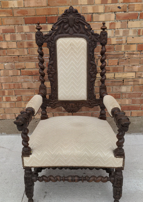FRENCH BARLEY TWIST OAK ARMCHAIR WITH WHITE UPHOLSTERY AND SHIELD CROWN