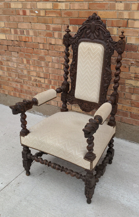 FRENCH BARLEY TWIST OAK ARMCHAIR WITH WHITE UPHOLSTERY AND SHIELD CROWN