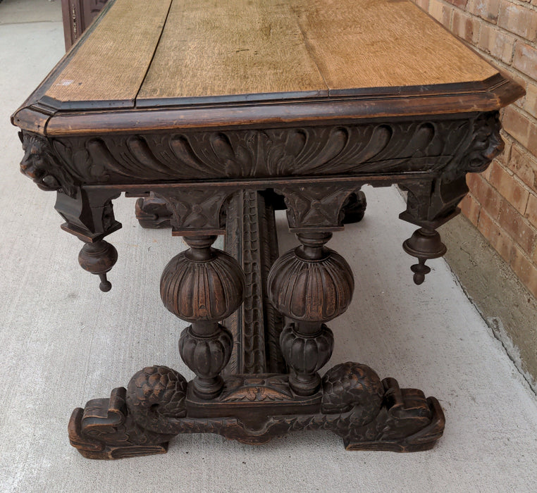 RESTORED FRENCH DARK OAK DOLPHIN FOOTED TABLE,WITH LION HEADS & DROP FINIALS