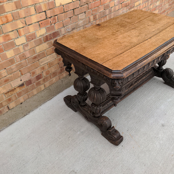 RESTORED FRENCH DARK OAK DOLPHIN FOOTED TABLE,WITH LION HEADS & DROP FINIALS