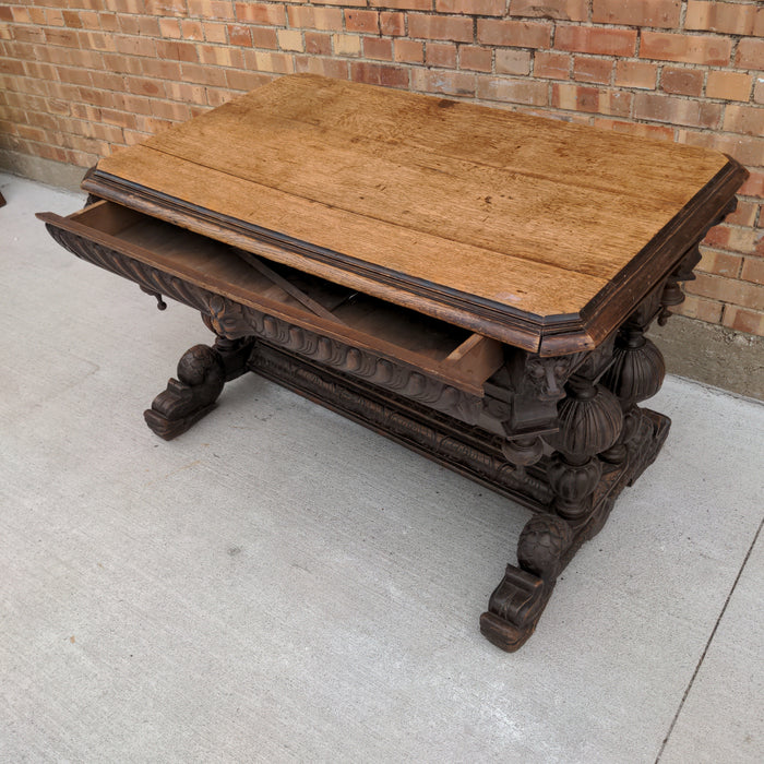 RESTORED FRENCH DARK OAK DOLPHIN FOOTED TABLE,WITH LION HEADS & DROP FINIALS