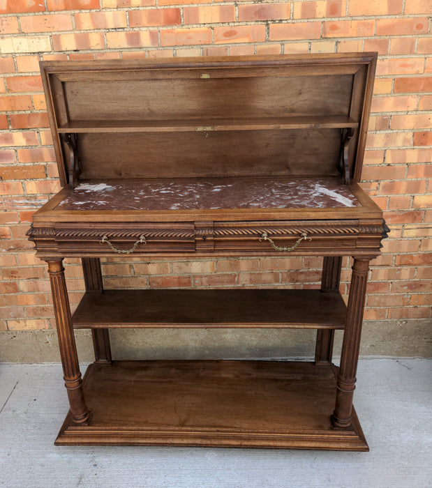 HENRI II WALNUT LIFT TOP SERVER, WITH MARBLE INSERT