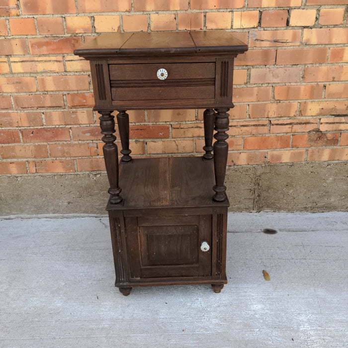 AS FOUND OAK NIGHT STAND WITH PORCELAIN PULLS