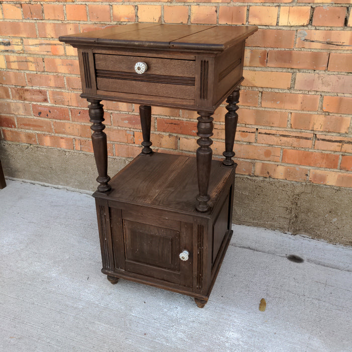 AS FOUND OAK NIGHT STAND WITH PORCELAIN PULLS