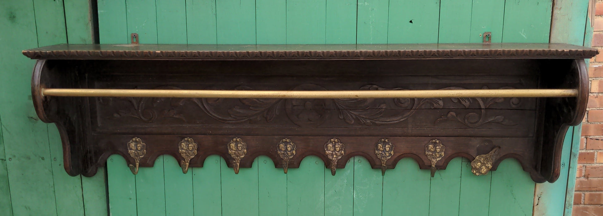 FRENCH ACANTHUS CARVED OAK WALL SHELF WITH BRASS BAR