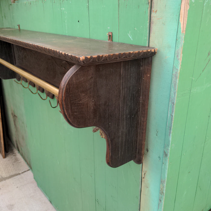 FRENCH ACANTHUS CARVED OAK WALL SHELF WITH BRASS BAR