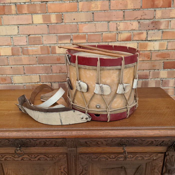 EUROPEAN MILITARY  DRUM, WITH DRUM STICKS & LEATHER STRAPS, CIRCA 1900