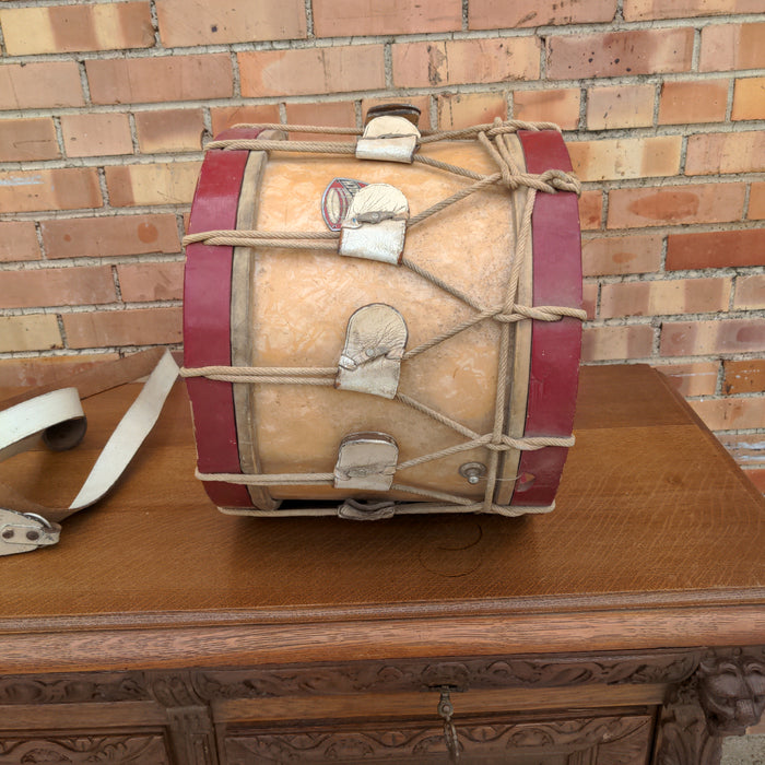 EUROPEAN MILITARY  DRUM, WITH DRUM STICKS & LEATHER STRAPS, CIRCA 1900