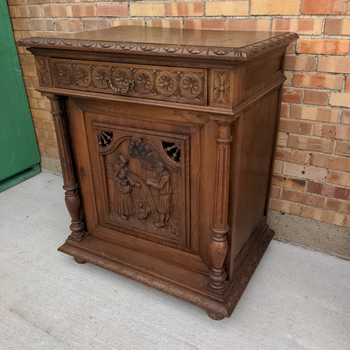 FRENCH BRETON FIGURAL CARVED OAK CONFITURIER